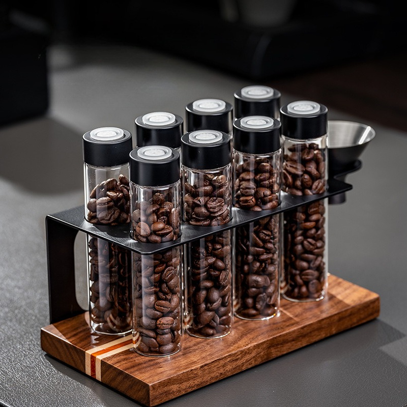 Kitchen Gadgets Organizer - ขวดแก้วเก็บเมล็ดกาแฟ JUSTINLAU พร้อมวาล์วปิดผนึก 1 ทาง ชั้นวางไม้พร้อมกรวย