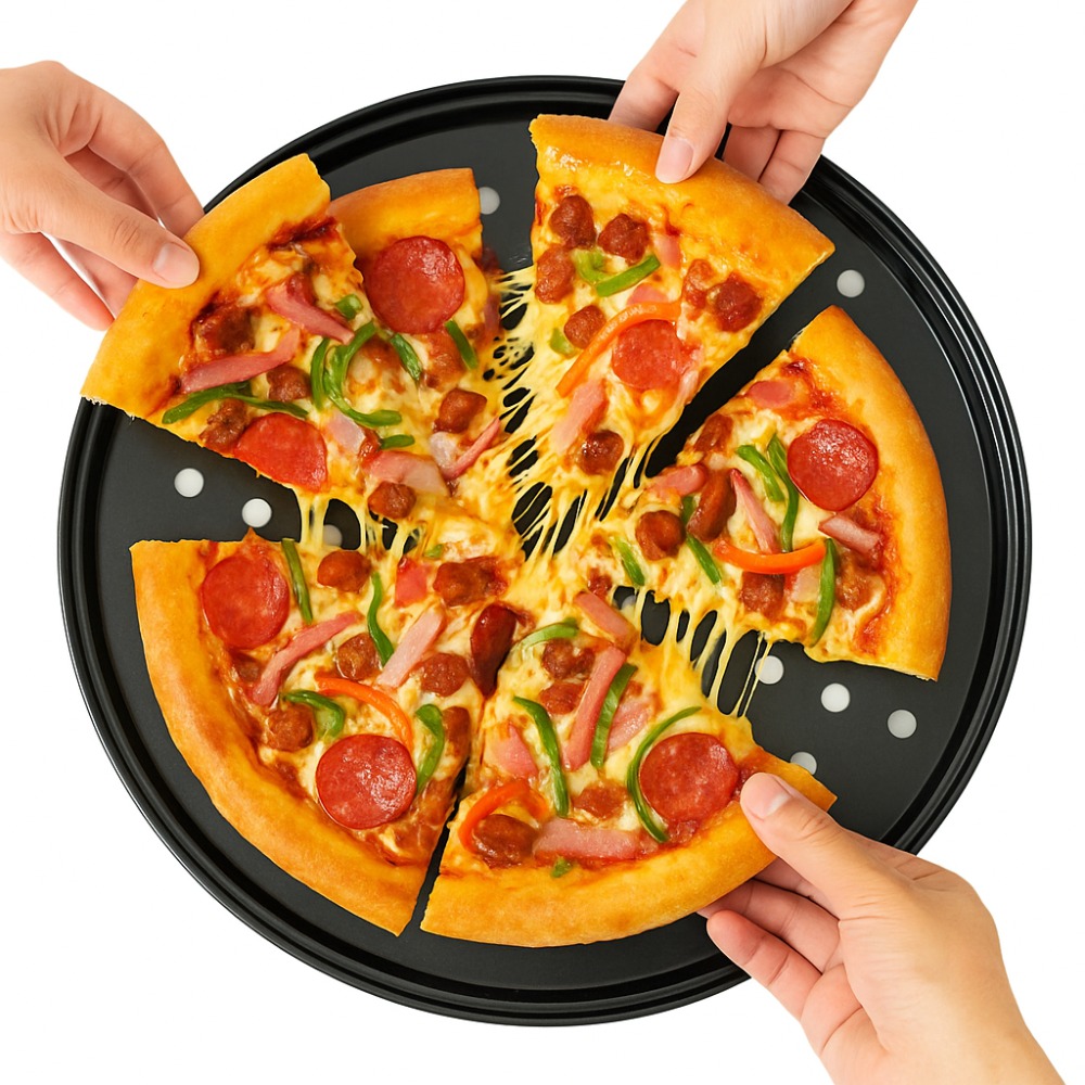 Pizza Stone Baking - ชุดถาดพิซซ่าเหล็กคาร์บอนแบบมีรู ขนาด 9/10/11/12/14 นิ้ว แผ่นทำอาหารแบบไม่ติดกระทะ อุปกรณ์อบขนมแบบอเนกประสงค์ทรงกลม