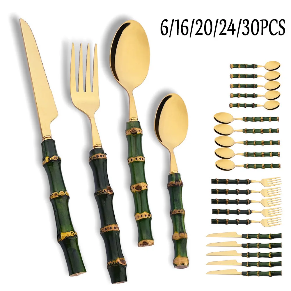 Kitchen Gadgets Green - ชุดช้อนส้อมไม้ไผ่สีเขียว 6/16/20/24/30 ชิ้น ชุดมีดส้อมสแตนเลส ด้ามจับไม้ไผ่ธรรมชาติ ชุดช้อนส้อมสำหรับครัว