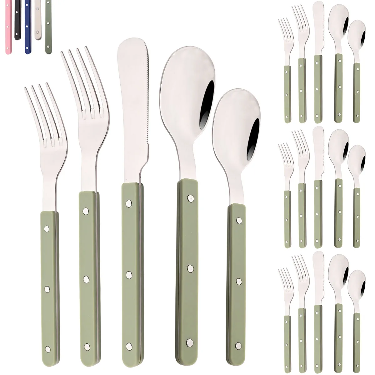 Kitchen Gadgets Green - ชุดช้อนส้อม 20 ชิ้น ด้ามจับอะคริลิค ชุดมีดส้อมสแตนเลส สีเขียวเงิน