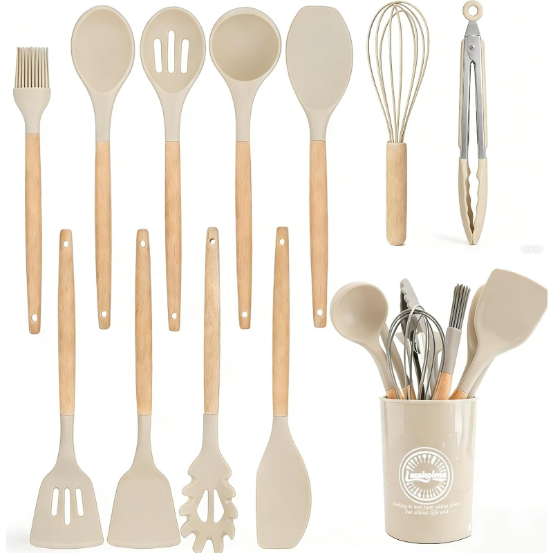 Kitchen Gadgets And Appliances - ชุดอุปกรณ์ครัวซิลิโคนด้ามไม้ 14 ชิ้น ชุดเครื่องครัวแบบไม่ติดกระทะ พร้อมถังเก็บอุปกรณ์ทำครัว