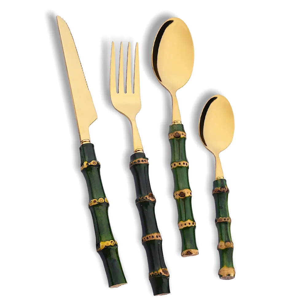 Kitchen Gadgets Green - ชุดอาหารเย็นด้ามไม้ไผ่ธรรมชาติ 4 ชิ้น ชุดช้อนส้อมสแตนเลสด้ามสีเขียว มีด ส้อม