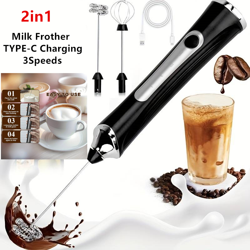 Kitchen Gadgets Products - เครื่องตีฟองนมไฟฟ้าไร้สายและเครื่องตีไข่พร้อม Type-C 3 ระดับความเร็ว เครื่องตีฟองนมแบบมือถือขนาดเล็ก เครื่องทำฟองนม