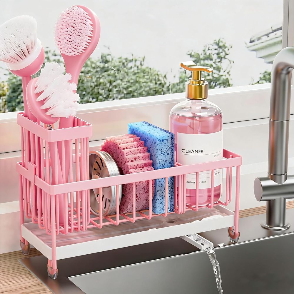 Kitchen Gadgets Organizer - ที่วางฟองน้ำหรืออุปกรณ์จัดระเบียบอ่างล้างจานพร้อมที่วางแปรงขัดแบบสูง, อุปกรณ์จัดระเบียบและเก็บของบนเคาน์เตอร์ครัว