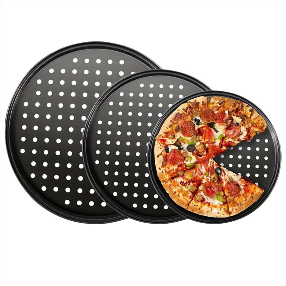 Pizza Stone Baking - ชุดถาดพิซซ่าเหล็กกล้าคาร์บอนแบบมีรู ไม่ติดกระทะ ใช้งานได้หลากหลาย ขนาด 9/10/11/12/14 นิ้ว