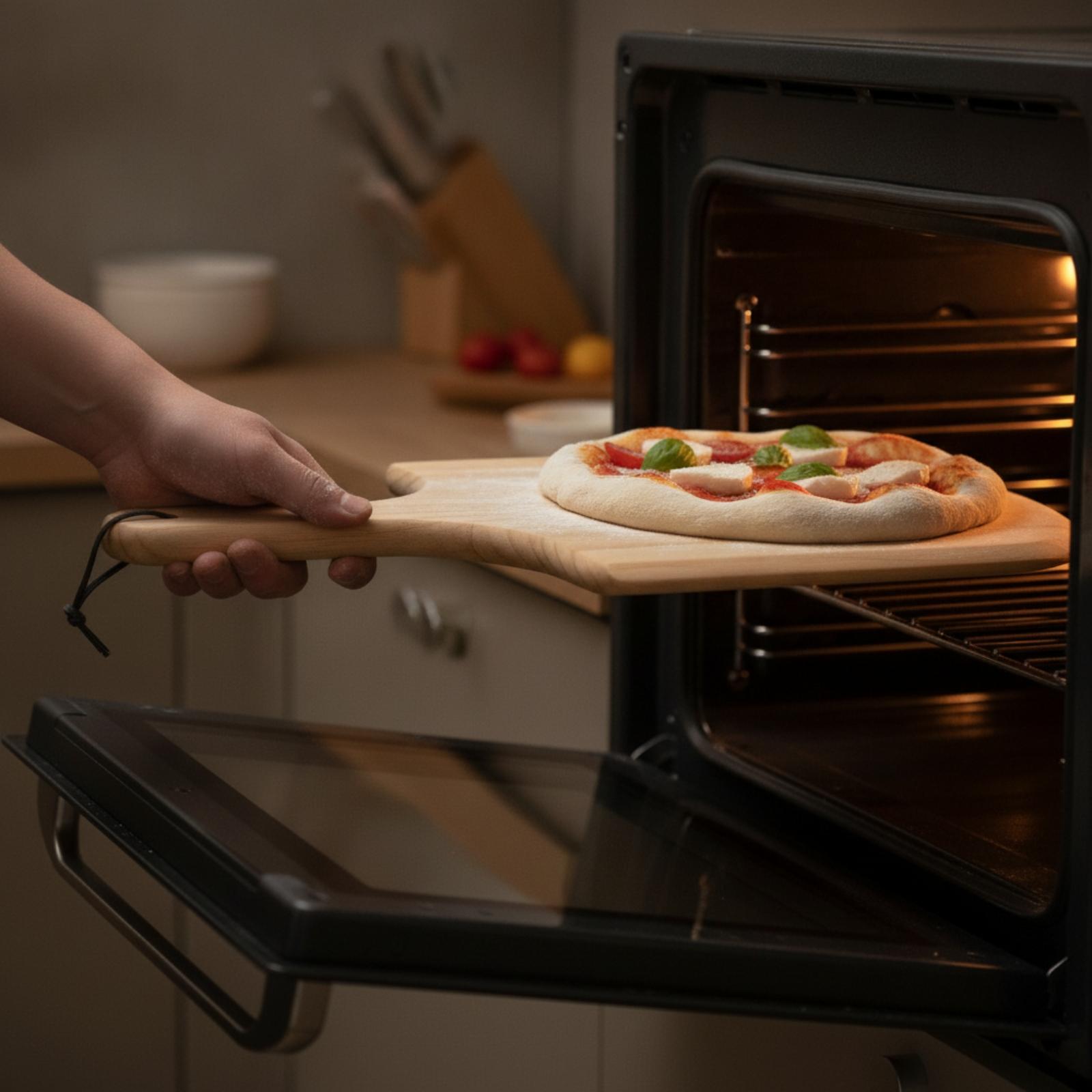 Pizza Stone Baking - แผ่นหินคอร์ดิเอไรต์สำหรับอบพิซซ่า ทนความร้อน พร้อมที่จับไม้ยาว อุปกรณ์เสริมสำหรับเตาอบพิซซ่าแก๊ส เหมาะสำหรับการย่างบนระเบียงหรือลานบ้าน